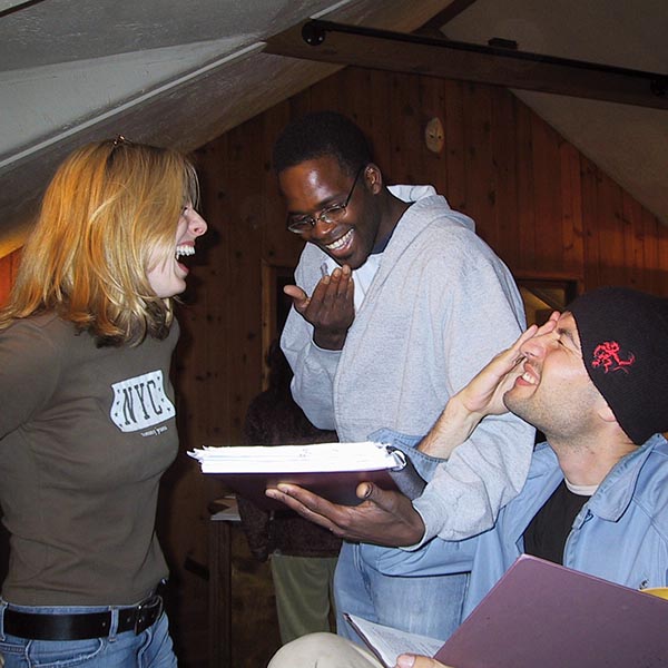 group having a good time reading their script